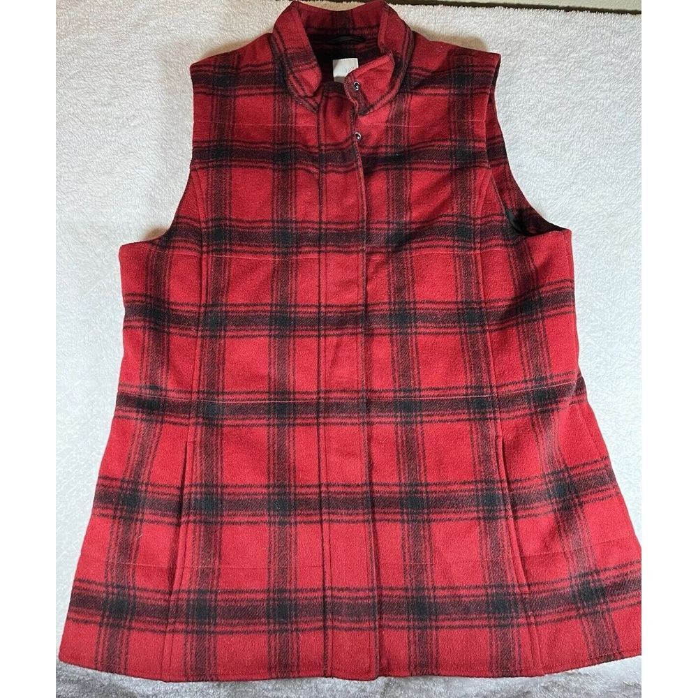 J Jill Vest Women M Black Red Full Zip Jacket Wool Blend Buffalo Plaid Snap